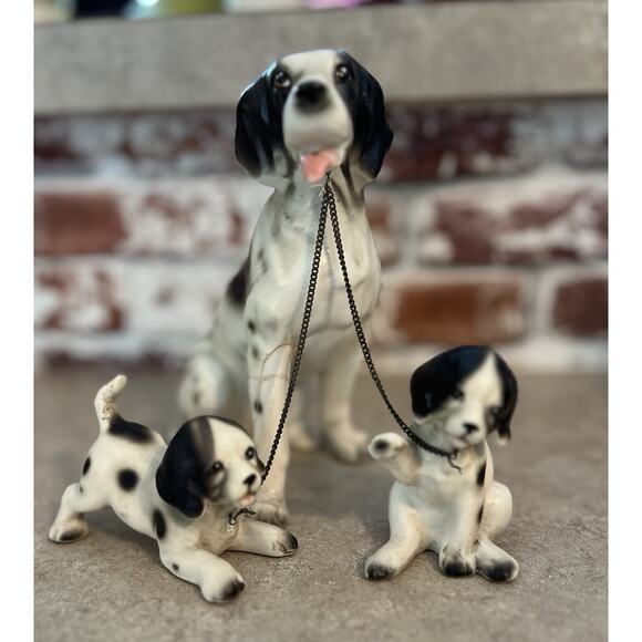 Vintage English Springer Spaniel Mother Dog Puppies W/ On Chain Japan (flaw) - Picture 2 of 11